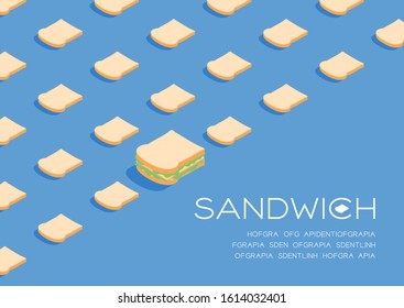 Sandwich with Slice bread 3D isometric pattern, Breakfast bakery concept poster and social banner post horizontal design illustration isolated on blue background with copy space, vector eps 10