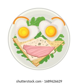 Sándwich con bacon rebanado y huevos revueltos servidos en la cara en forma de vector de desayuno infantil Ilustración