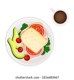 Sandwich with Sliced Ham and Greenery Served on Plate with Avocado Vector Illustration