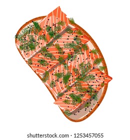 Sandwich with slices of salmon and dill on a white background. Vector illustration of delicious appetizing snacks with sea food
