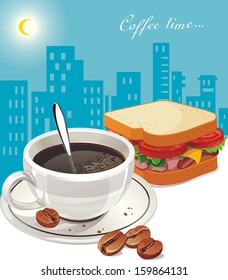 Sandwich from smoked meat and tomatoes, a cup of coffee. Elegance food illustration
