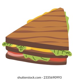 Sandwich or snack with grilled bread, slice of cheese, tomatoes and salad leaves. Delicious ingredients and natural veggies for fast food. Breakfast or lunch, restaurant menu. Vector in flat style