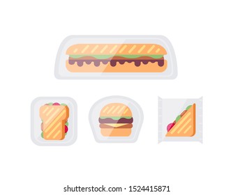 Sandwich snacks and toasts in package vector set in cartoon style.