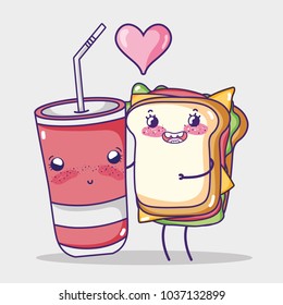 Sandwich and soda cup kawaii cartoon