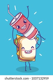 Sandwich with soda kawaii cartoon