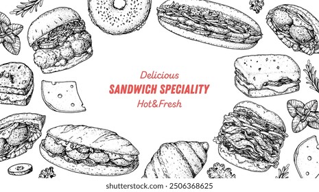 Marco de especialidad de sándwich. Plantilla de diseño de menú. Bocetos de sándwich. Receta única. Ilustración vectorial dibujada a mano.