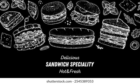 Sandwich speciality frame. Menu design template. Sandwich sketches. Unique recipe. Hand drawn vector illustration.
