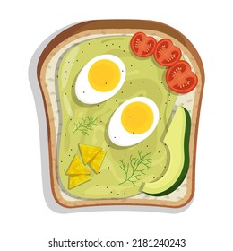 Sandwich with spicy Mexican sauce, boiled egg, avocado and tomatoes. Light healthy breakfast. Cartoon vector isolated on white background