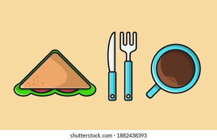 Sandwich, spoon, fork, and a cup of coffee vector illustration. Suitable for restaurant menu, banner, sticker, card, background.