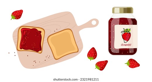 Sandwich with strawberry jam on cutting board. Confiture spreading on piece of toast bread, glass jar with jelly, fresh red berry isolated on white background. Vector for menu, cafe, restaurant