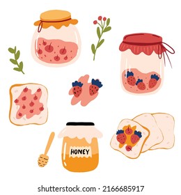 sandwich with a strawberry jam,cherry jam and honey on a white background