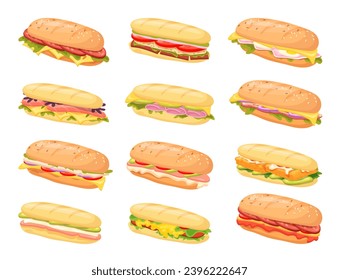 Sándwich subs. Sándwiches submarinos deliciosos subalimentos de baguette, pan de panini italiano con queso de lechuga jamón tomate fresco, tentempiés de pavo deli caricatura clara ilustración vectorial de deliciosa comida