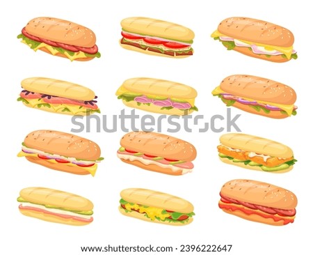 Sandwich subs. Submarine sandwiches delicious baguette sub food, italian panini bun bread with lettuce cheese ham fresh tomato, turkey snack deli cartoon neat vector illustration of delicious meal