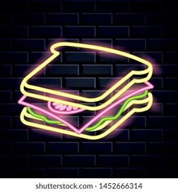 sandwich symbol Restaurant neon lights advertising on bricks wall background vector editable illustration