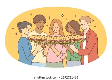 Sandwich, tasty food, friendship concept. Group of young smiling happy friends of different ethnicities standing holding huge baguette with filling sandwich in hands for company vector illustration