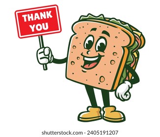 Sandwich with thank you sign board cartoon mascot illustration character vector clip art