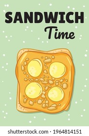Postal de tiempo de sándwich. El sándwich de pan tostado con bananas y mantequilla de cacahuete esparce póster saludable. Desayuno o almuerzo comida vegana. Pancarta de comida vegetariana de valores bursátiles