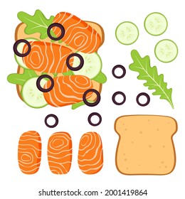 sandwich with toast bread, salmon slices, cucumber, olive and arugula, vector illustration of healthy breakfast with sandwich ingredients