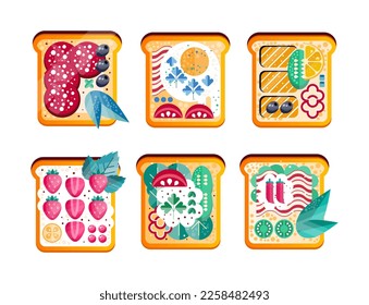 Sandwich or Toast with Different Ingredients as Breakfast or Lunch Top View Vector Set