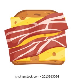 Sandwich with toast and ham and cheese. Breakfast with bread and bacon. A variety of delicious sandwiches for a snack, snacks. Vector illustration isolated on white background.