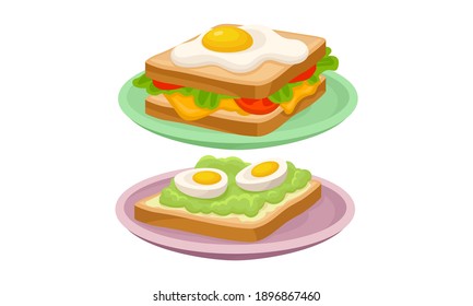 Sándwiches y tostadas con huevos revueltos y hervidos como sabrosos platos con ingredientes de huevo servidos en el vector de placas