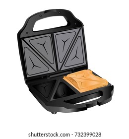 sandwich toaster black on a white background with the open sandwich inside