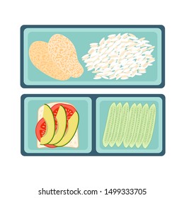 sandwich with tomato and avocado, rice with meat and cucumber in lunch box