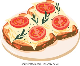 sandwich with tomato and cheese. vector flat illustration on white isolated background. Italian bruschetta. Toasted bread with tomatoes, cheese, basil, balsamic vinegar. 