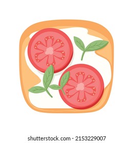 Sándwich con tomate y queso curdo. Ilustración vectorial al estilo de las caricaturas. Desayuno saludable