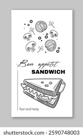 Sandwich, tomato, mushroom, and parsley on white background. Hand-drawn style. Concept of fast food. Vector illustration