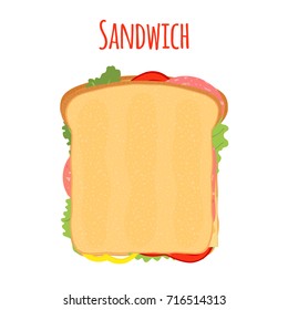 Sandwich with tomato, pepper, cheese, salad on toast, fried bread. Made in cartoon flat style. Vector illustration