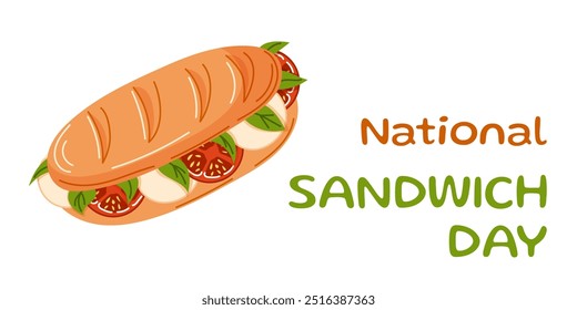 Sanduíche com tomates, manjericão e mozarela plana. Celebrando o Dia Nacional do Sanduíche em 3 de novembro. Projeto para férias, projeto de comida e eventos sazonais.