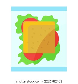 Sandwich with tomatoes and lettuce in box isolated on white background. Colorful junk food package. Cartoon vector illustration. Fast food, product package concept