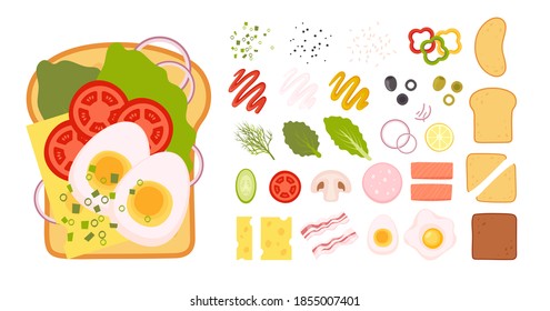 Sandwich top view. Burger toast with egg, tomato, onion, lettuce, cheese for healthy breakfast or lunch isolated on white background. Fast food elements, flat vector illustration.