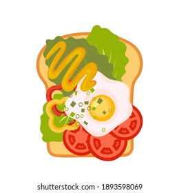 Sandwich top view. Burger toast with egg, lettuce, tomato, mustard, pepper for healthy breakfast or lunch isolated on white background. Fast food elements, flat vector illustration.