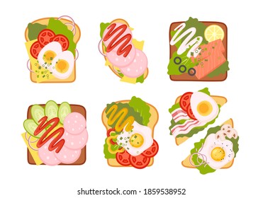 Sandwich top view set. Burger toast with egg, tomato, onion, lettuce, cheese for healthy breakfast or lunch isolated on white background. Fast food elements, flat vector illustration.