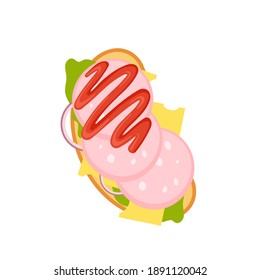 Sandwich top view set. Burger toast with egg, tomato, onion, lettuce, cheese for healthy breakfast or lunch isolated on white background. Fast food elements, flat vector illustration.
