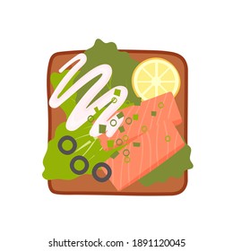 Sandwich top view set. Burger toast with egg, tomato, onion, lettuce, cheese for healthy breakfast or lunch isolated on white background. Fast food elements, flat vector illustration.