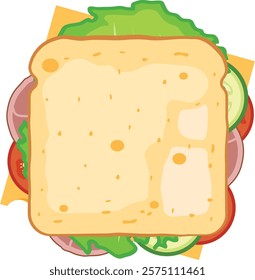 sandwich top view, Slice of bread with cheese, tomato, salad, ham.