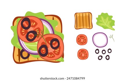 Sandwich top view with tomato, onion, salad, olive isolated on white background. Snack for breakfast and lunch vegan sandwich, flat vector