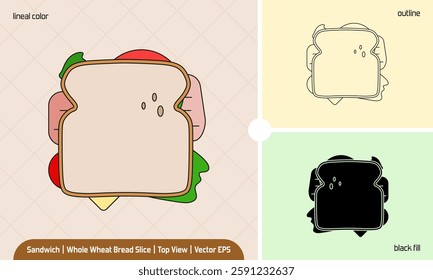 Sandwich top view vector illustration in 3 variation flat icon style, lineal color, outline, and black fill or silhouette. Top choice Street Food graphic element. Suitable for menu image and education