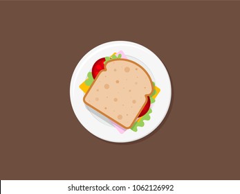 Sandwich Draufsicht Vektorgrafik. Sandwich Brot auf Teller einzeln auf braunem Hintergrund. Sandwich-Ikone im flachen Stil.