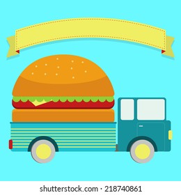 Sandwich truck. Truck with a giant sandwich in body. Blank ribbon for insert text.