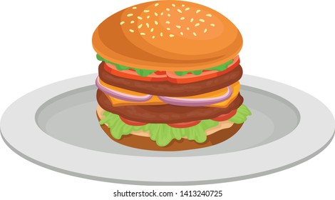 Sandwich with two meat patties, vegetables and cheese. Vector illustration on white background.