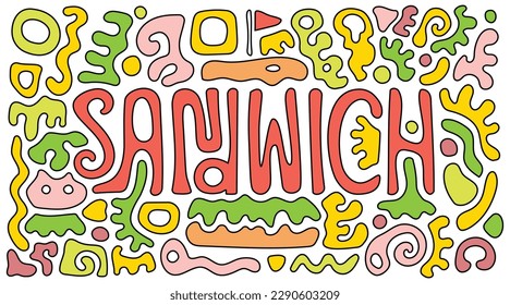 Sandwich Typography Doodle with Abstract Shapes, Delicious and Tasty