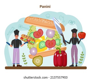 Sandwich. Variety of delicious sandwiches for breakfast. Toast with ham, turkey or bacon, cheese, salad and tomatoes. Delicious lunch snack. Flat vector illustration