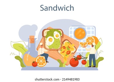 Sandwich. Variety of delicious sandwiches for breakfast. Toast with bacon, egg, cheese, salad and tomatoes. Delicious lunch snack. Flat vector illustration