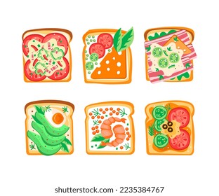 Sándwich con diversos ingredientes como huevo, aguacate, tomate, queso, tocino y vectores de camarón