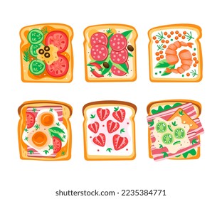 Sandwich with Various Ingredients Like Wurst, Scrambled Egg, Vegetables, Bacon and Shrimp Vector Set