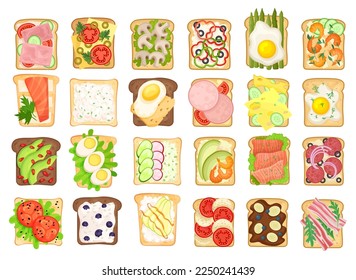 Sandwich with Various Ingredients Like Wurst, Scrambled Egg, Vegetables, Bacon and Shrimp Vector Set